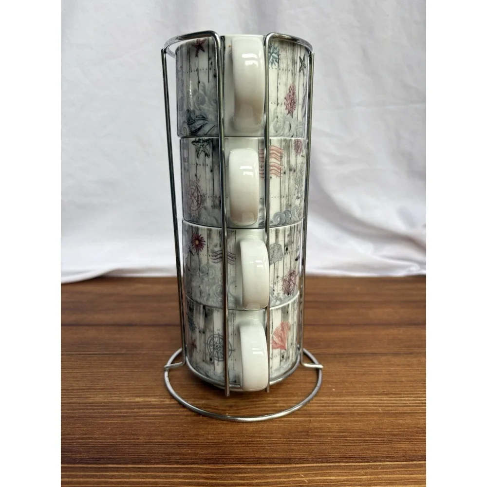 Pier 1 Coastal Nautical Mug Set w Metal Rack Beach Sea Bird Ceramic Cups